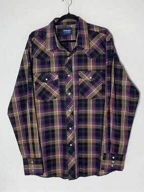 Vintage Wrangler Black Tan Red Blue Plaid Pearl Snap Western Shirt XL Stampede